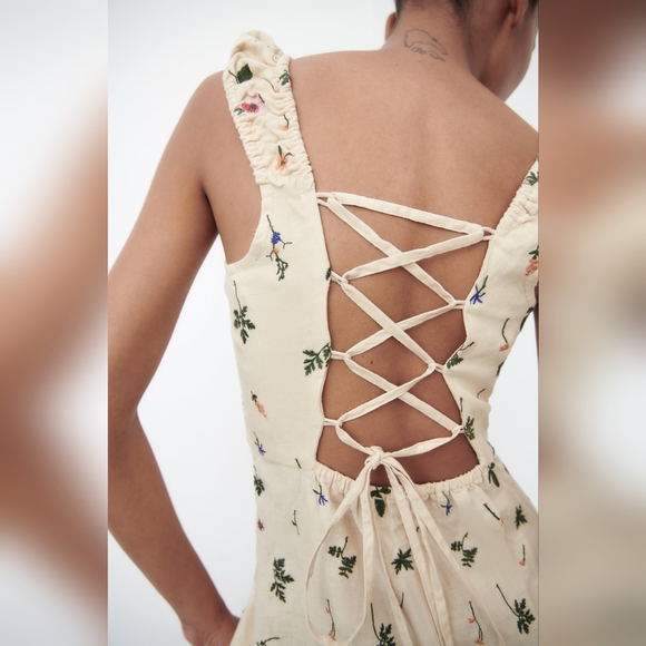 New Zara Floral Embordied Lien Dress 4786/254 - Picture 12 of 17